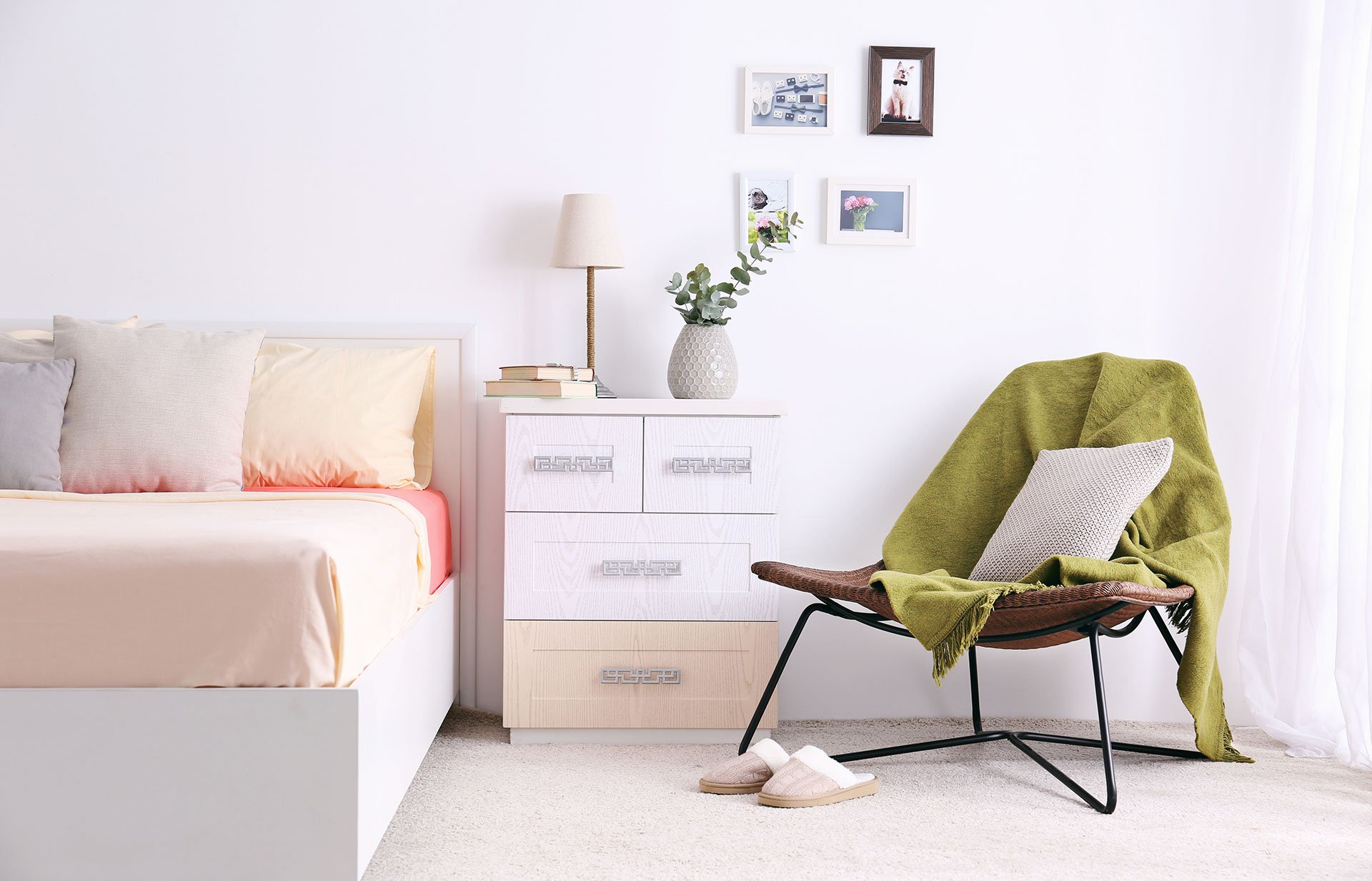 Interior of modern bedroom with cozy double bed